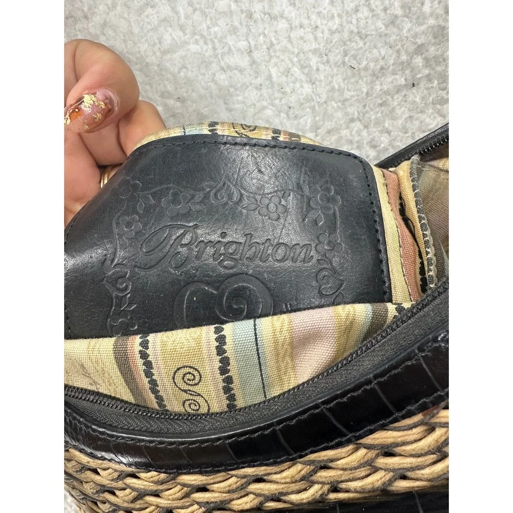 Brighton Woven Shoulder Bag Black Leather Pocket Tan Hobo Purse